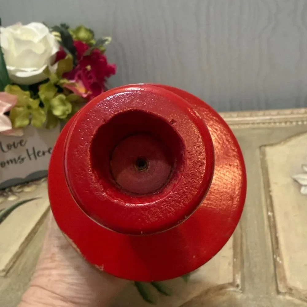 Vintage 70s Red Wooden Turned Sculptural Candle Holder Bobbin Bulbous MCM